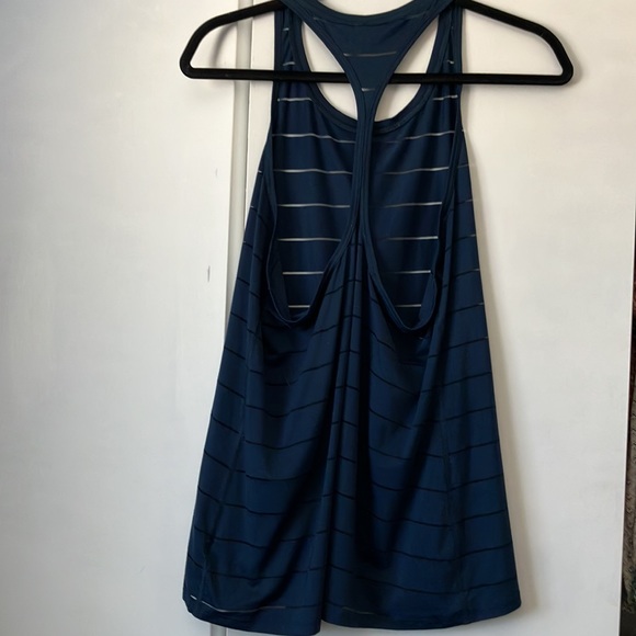 Athleta Women’s Sheer Striped Navy Razorback Tank Top - Picture 3 of 5